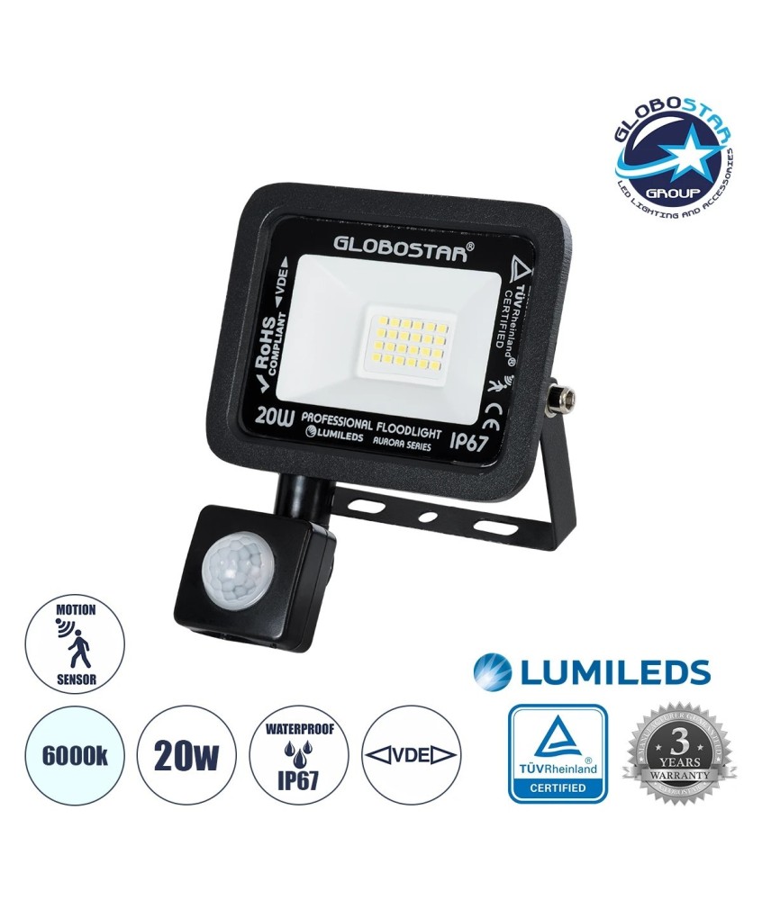 GLOBOSTAR® AURORA 64137 Προβολέας με Ανιχνευτή PIR - Αισθητήρα Κίνησης LED 20W 2500lm 120° AC 220-240V Αδιάβροχο IP67 Ψυχρό Λευκό 6000K - Lumileds SMD Chip - TÜV Rheinland Certified - Μαύρο Ματ - Μ12 x Π5 x Υ14.5cm - 3 Χρόνια Εγγύηση